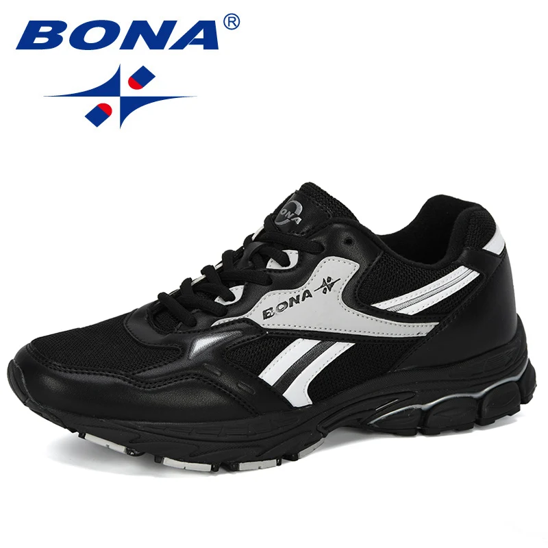 Black white BONA/Новинка года; Дизайнерские мужские кроссовки из яловичного спилка; спортивная обувь; удобная мужская обувь; повседневная обувь для прогулок и бега; трендовая обувь - Цвет: Black white