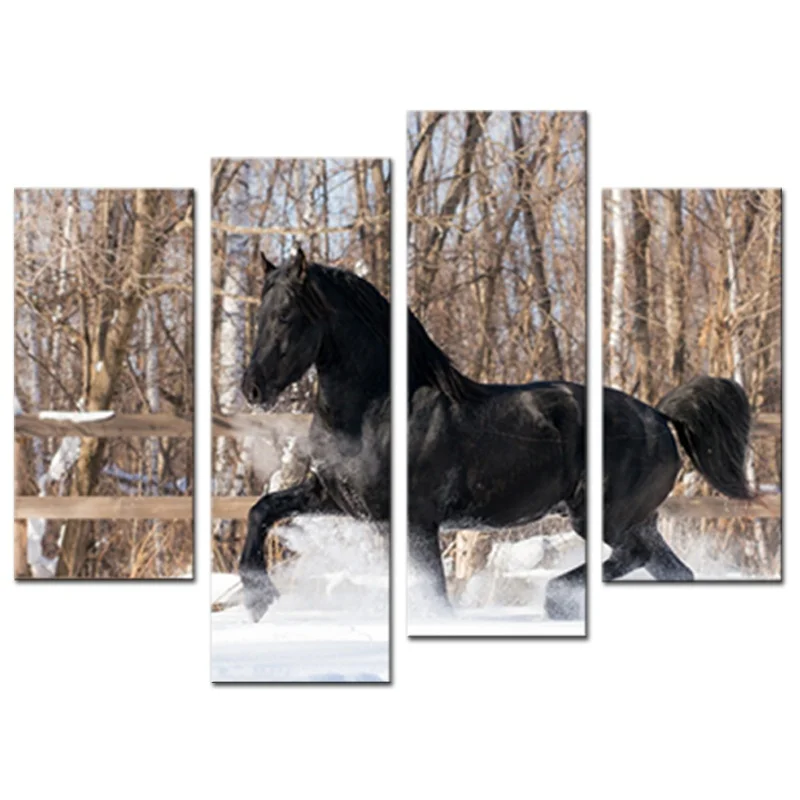 Modern Framework Picture 4 Pieces Black Horse Runs In The Snow Canvas Print Painting Wall Art For Livingroom Home Decor | Дом и сад