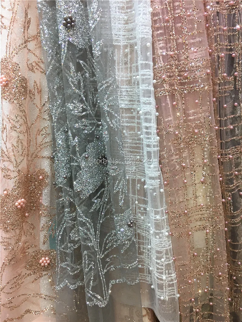 

Pure white glitter african mesh lace fabric fashion french net lace with beads and glued glitter ZP6 Tulle Lace Fabric