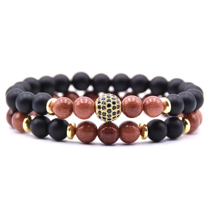2 шт. пара дистанционный браслет матовый черный камень золотые шары Украшенные