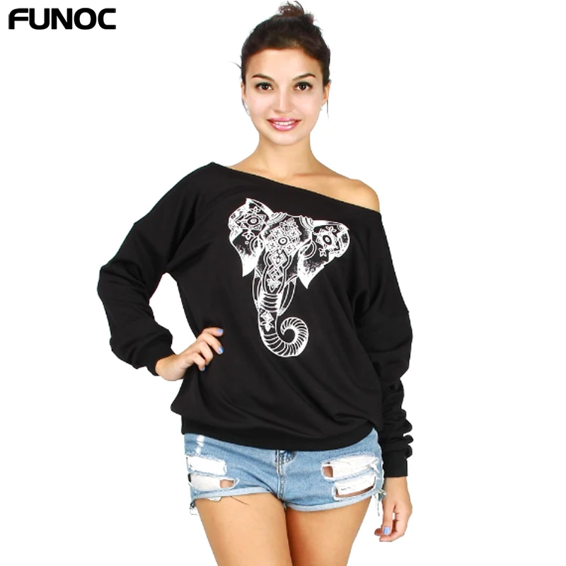 Funoc одежда One с открытыми плечами толстовки Женщины Толстовка Femme принтом слона