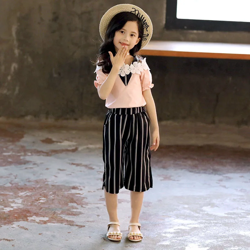 19 Новая летняя футболка для девочек + шорты 2 комплекта полосатые детские