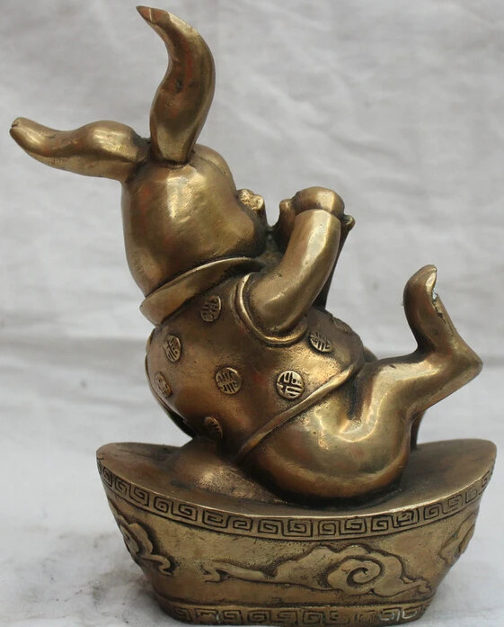 7&quot Chinese Fengshui Brass Rich Yuanbao Zodiac Year Rabbit Money Wealth Statue |