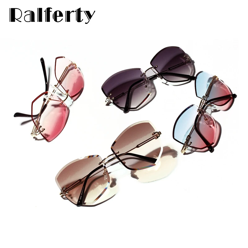 Ralferty, кошачий глаз, солнцезащитные очки для женщин, без оправы, кристалл, солнцезащитные очки, градиентные, UV400, для девушек, розовые, шикарные оттенки, очки, аксессуары W2324
