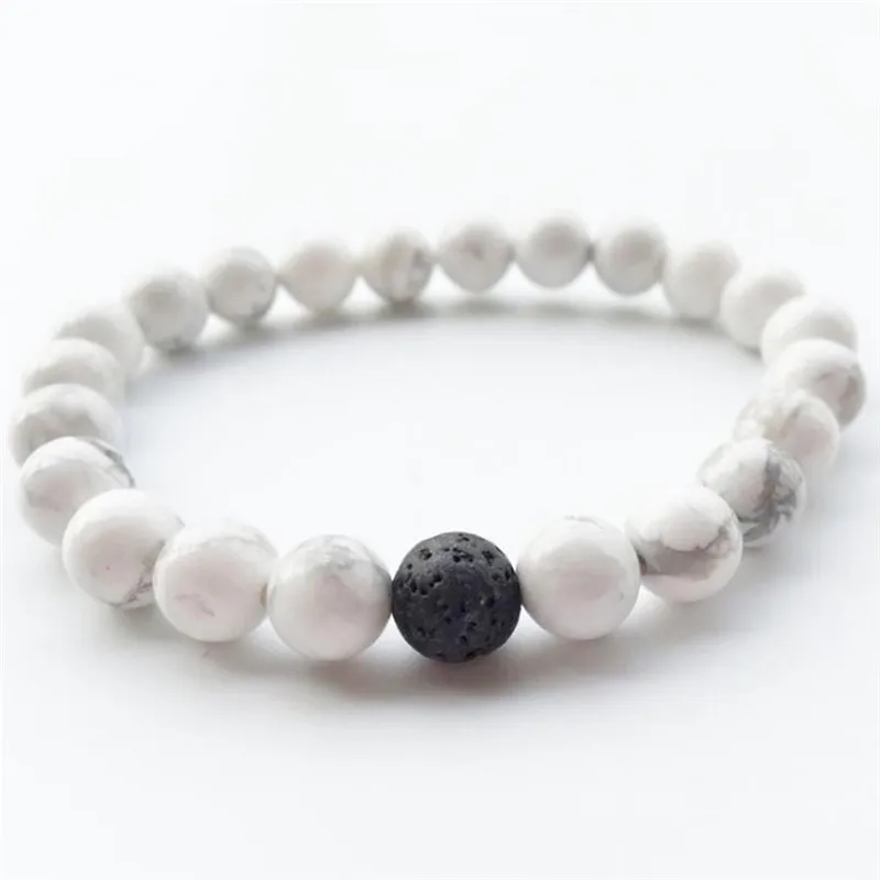 Черный белый браслет из натурального камня с лавовыми бусинами для влюбленных
