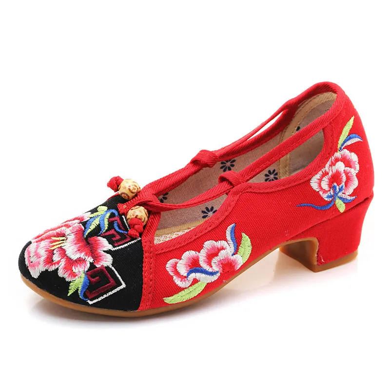 Veowalk Low Block Heels Women Canvas Embroidered Pumps Shoes Elegant Ladies Casual Cotton Floral Embroidery with Strap | Обувь