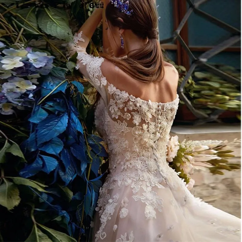 vestido de noiva Flowers Champagne Wedding Dress 2017 Turkey With Sleeves Off The Shoulder Pearls Bridal Gowns Plus Size | Свадьбы и