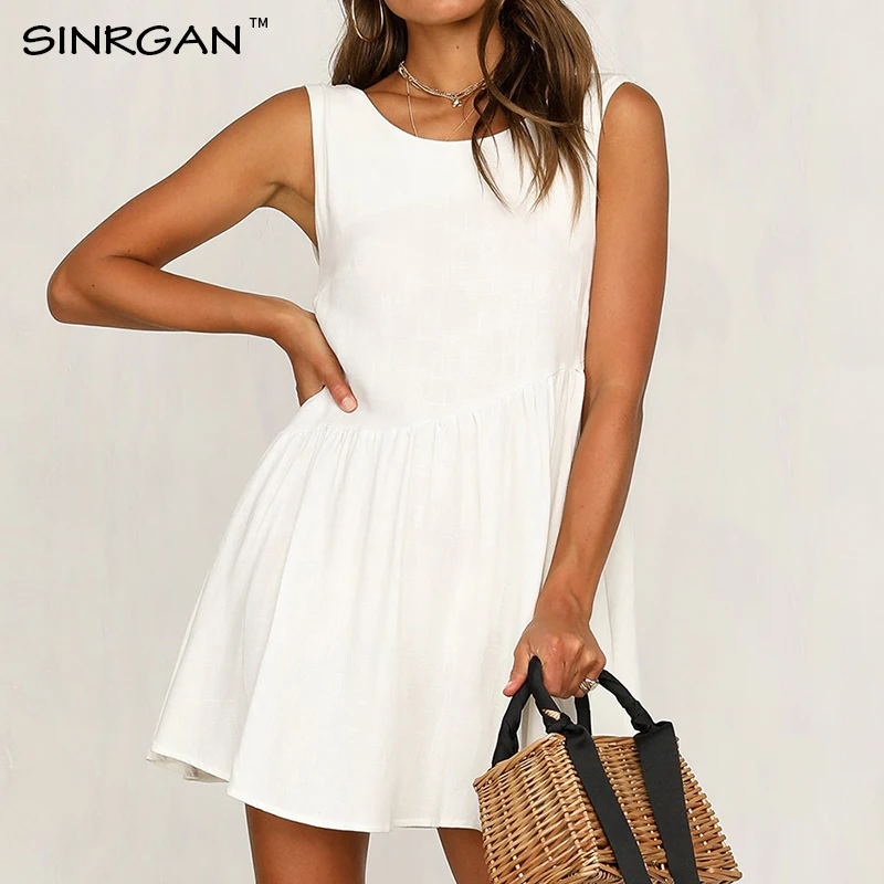 SINRGAN Твердое Белое Дикое Летнее Платье О-Образным Вырезом Офис Леди Boho