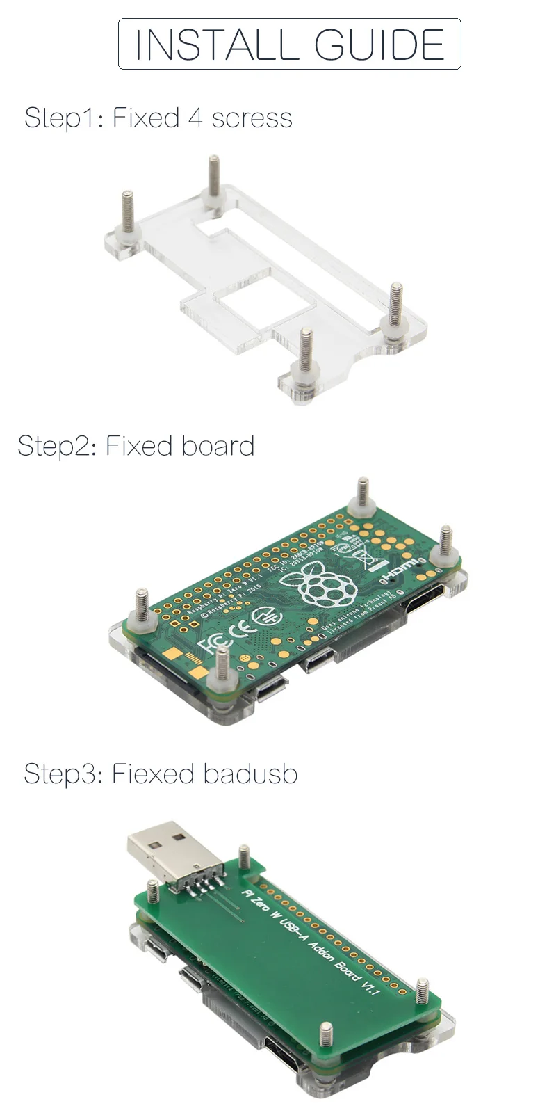 Raspberry Pi Zero/Zero W BadUSB USB-A Плата расширения Addon с прозрачным акриловым чехол в комплекте