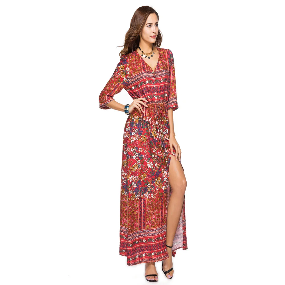

New Loose Dress Women's Sexy V-Neck Waist Dresses 2019 Summer Fashion Women's Printing Multicolor Bohemian Beach Dress Vestidos