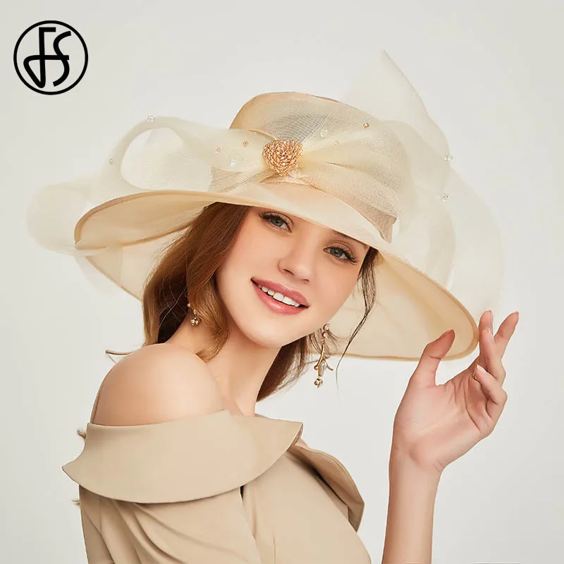 Beige White Sun Hat FS элегантные женские летние шляпы из органзы с широкими полями, шляпы от солнца для женщин, большой церковный Кентукки, Шляпа Дерби, Дамская флоппи с большим бантом, фетровая шляпа - Цвет: Beige White Sun Hat