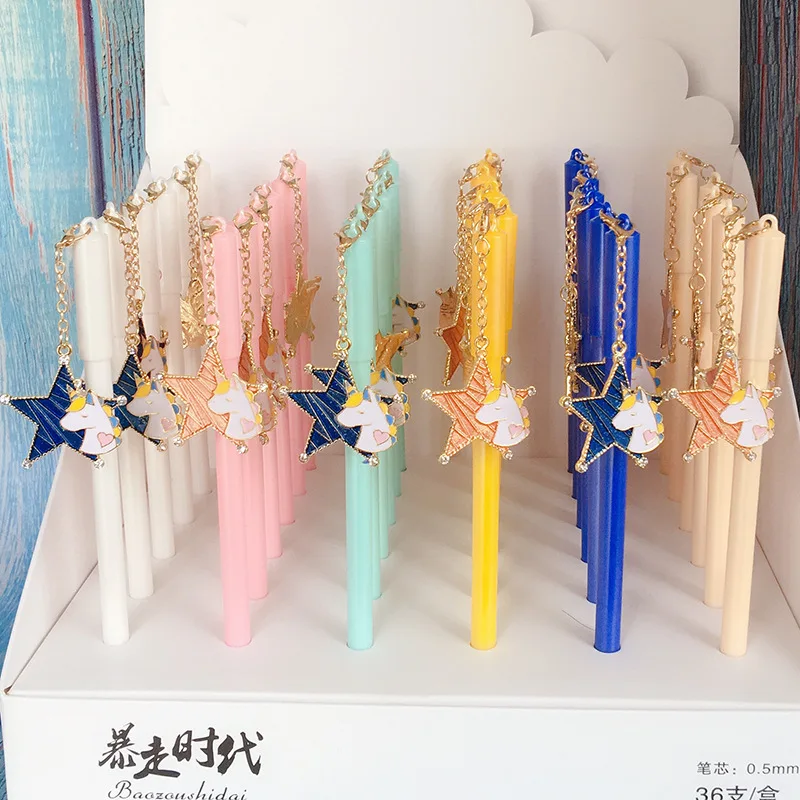 

36 pcs Gel Pens Cartoon Kawaii Unicorn Pendant black colored gel-inkpens for writing Cute stationery office school supplies