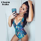 Женский слитный купальник с цветочным принтом и глубоким V-образным вырезом