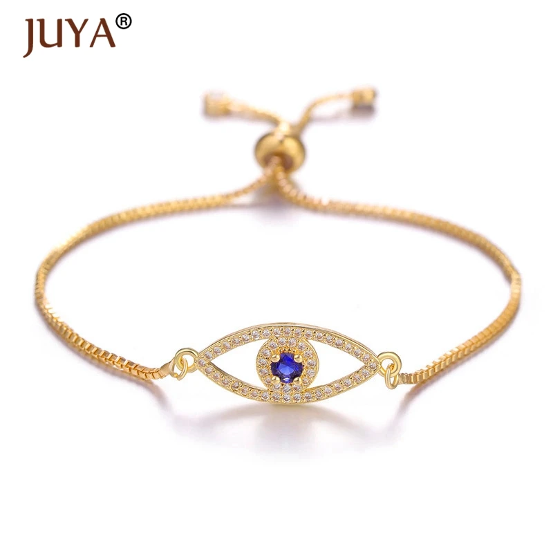 gold Juya модные Циркон Синий злой глаз браслеты для женщин счастливый амулет ювелирные изделия золото серебро Регулируемая цепочка греческий глаз браслеты - Окраска металла: gold