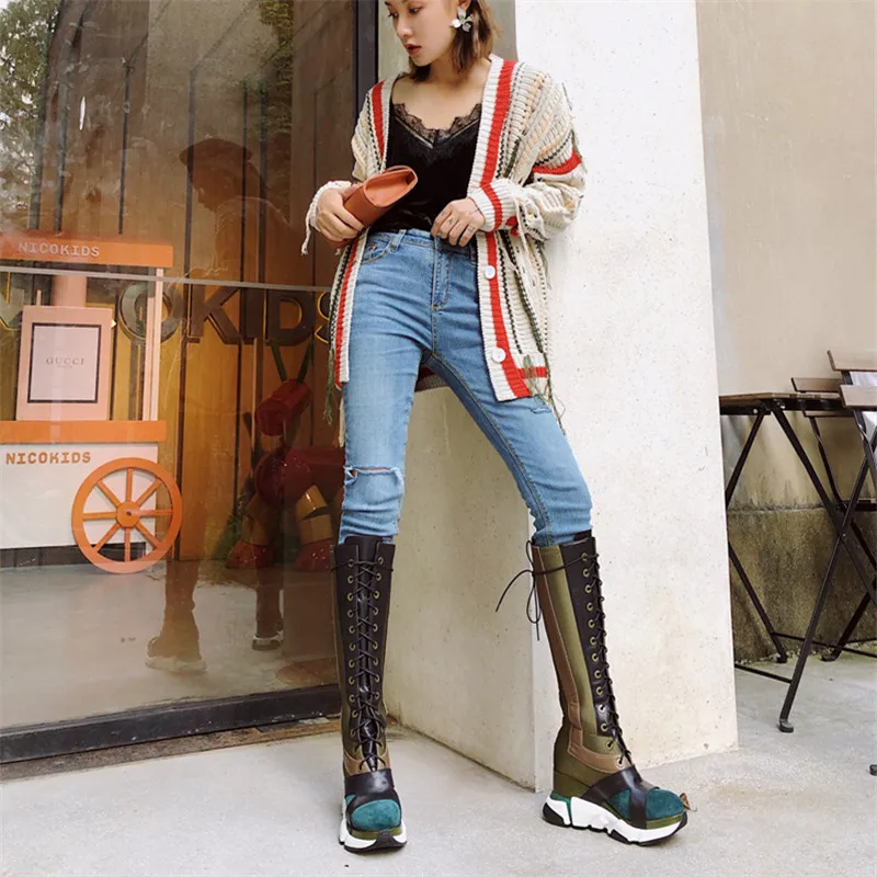 

Prova Perfetto Women Knee High Boots Female Lace Up High Boots Platform Wedge Shoes Woman Autumn Winter Casual Botas Mujer