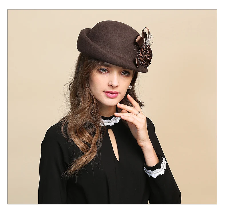 Женская шерстяная шляпа Fedoras с цветочным узором для девочек, шерстяная женская шапка для бассейна, милая Повседневная шерстяная шапка в рыбацком стиле, регулируемая B-8728