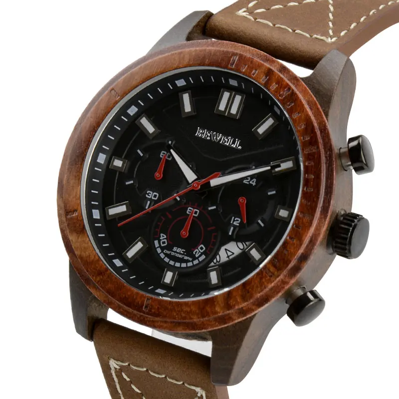 Red Men Luxury Waterproof Quartz Watch Wood Case Leather Strap With Chronograph And Calendar Functions Luminous Hands Bewell 161A - Цвет: Red