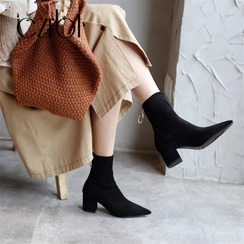 CZRBT 2018 Fall New Boots Women's Coarse Small Pointed Elastic Plaid Lady women | Обувь