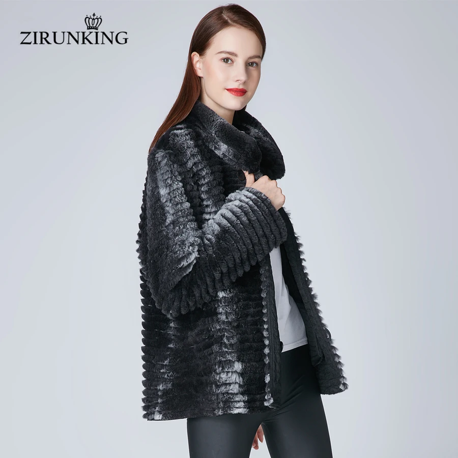 ZIRUNKING женский Настоящий мех кролика Черная курточка женские двустороннее