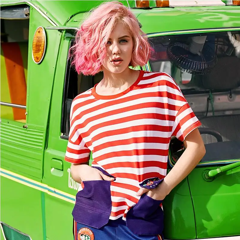 2017 новое прибытие женщины лето карманный лоскутная Контрастные цвета футболки