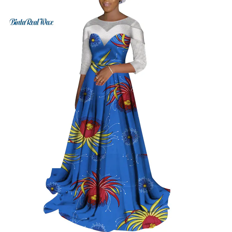 2021 African Dresses for Women Bazin Riche Lace Ankara Print Patchwork Long Dresses Dashiki African Design Clothing WY3456