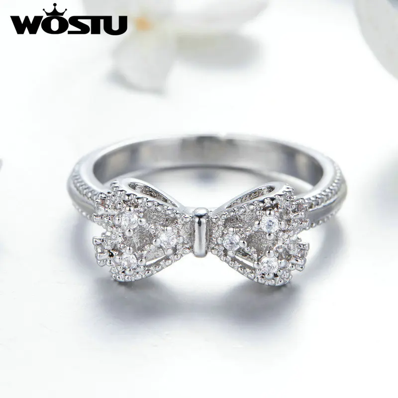 WOSTU, винтажные ослепительные блестящие кольца с бантом, циркониевые кольца для женщин, обручальное кольцо, вечерние, юбилейные Роскошные ювелирные изделия FFR201
