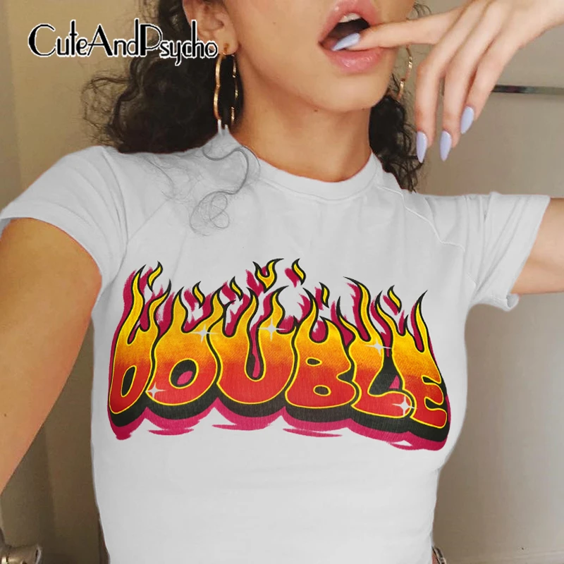 Fire Print Sexy Women Summer TShirt Short Sleeve White Basic Harajuku Tee Shirt Casual Crop Top Streetwear Cuteandpsycho