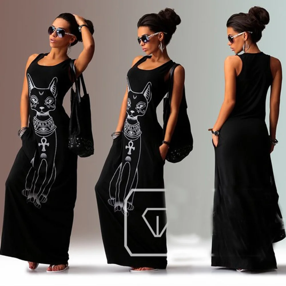 Новинка 2019 женское Летнее Длинное Макси платье повседневное с принтом кота Boho