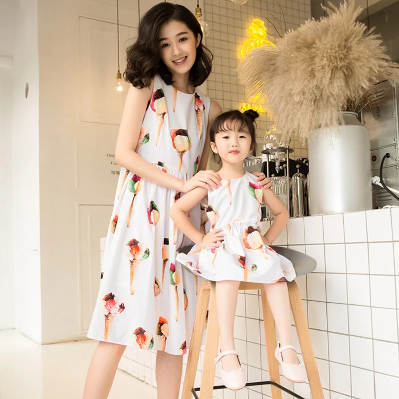 

Custom made summer new mother daughter dresses white ice cream Pattern Print sleeveless parent-child Knee-Length Dress