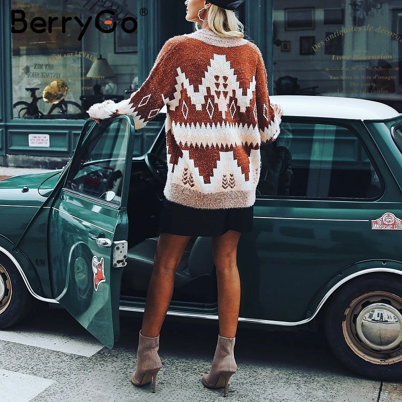 BerryGo v-образный вырез геометрический вязаный пуловер свитер женский Винтажный