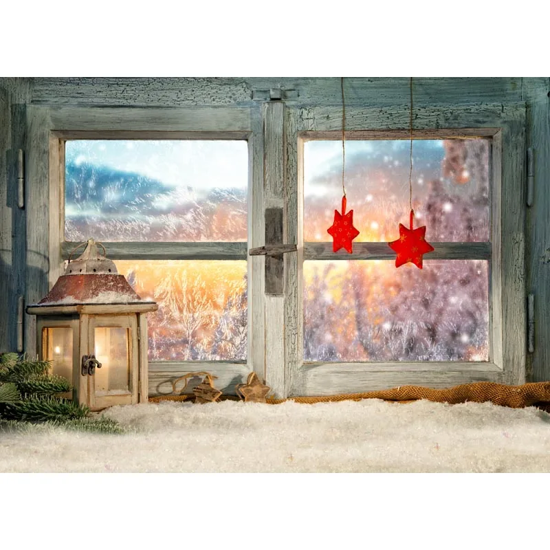 Рождественская фотография Фон Winer Window Снежинка свеча красная звезда дети