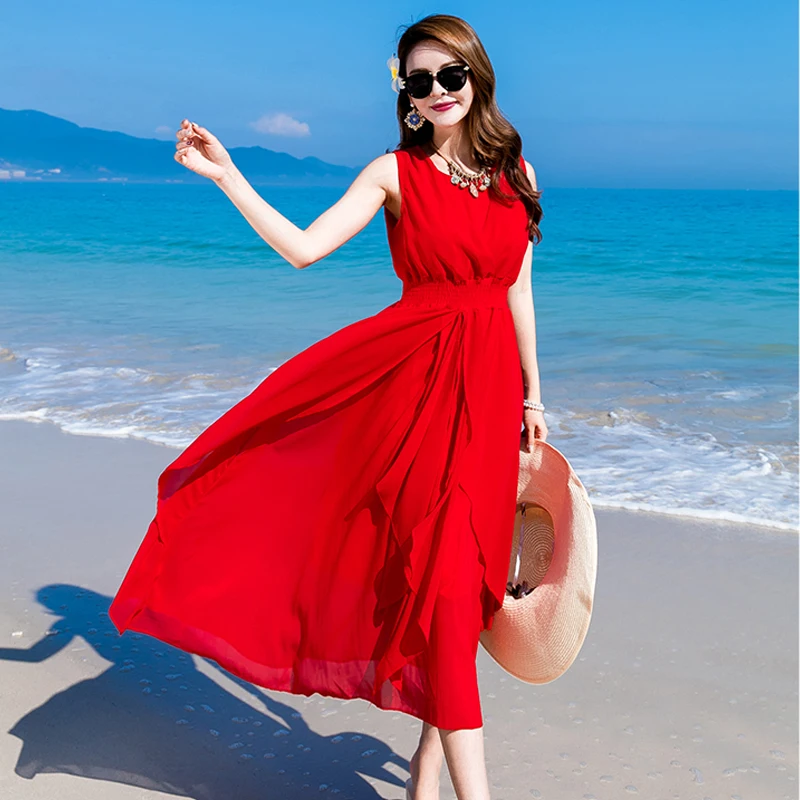 Ailegogo Summer Beach Solid Color Long Dress Women Sexy Ruffles Mid-calf Dresses Casual High Waist White Blue Red Yellow Vestido | Женская