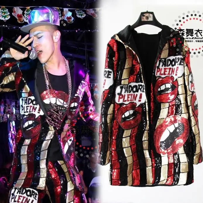 Мужская Новая мода певец ди-джей gd ночной клуб бар Пламенные губы яркая длинная