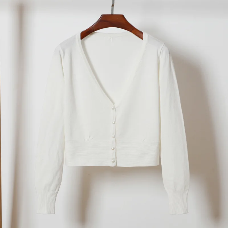 Queechalle осенние короткие кардиганы для женщин, v-образный вырез, длинный рукав, вязаный кардиган, Свитера для девушек, однотонный Повседневный свитер, пальто, топы - Цвет: white