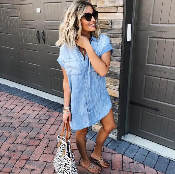 Новинка весна-лето 2019 джинсовая рубашка с коротким рукавом | Женская одежда