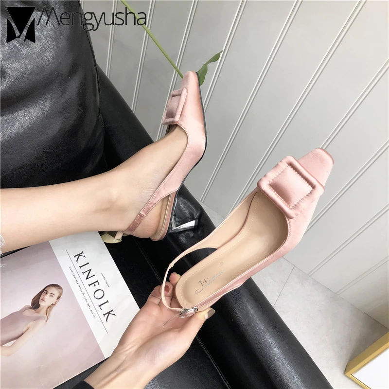 Sandalias Mujer/2019 г. Новые атласная квадратной пряжкой Стилет на высокий каблук