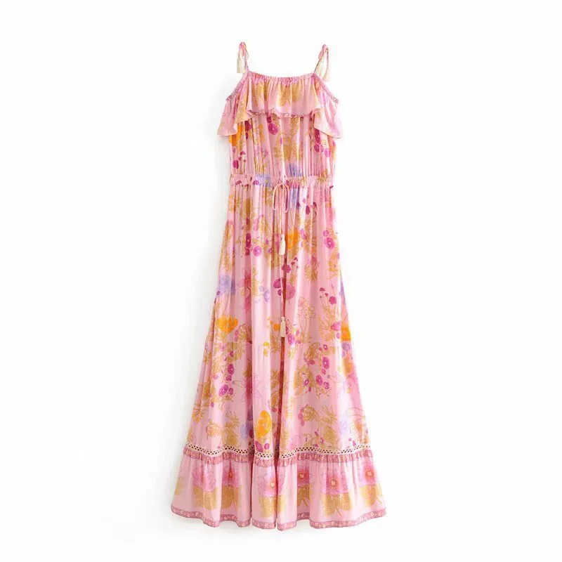 2019 богемский Цветочный Принт Кисточкой спагетти ремень платье темно синего