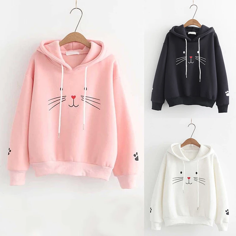 

Spring Women Cat Print Sweatshirt Long Sleeve Pullover Fleece Women Hooded Hoodies Female Pullover Sweatshirt