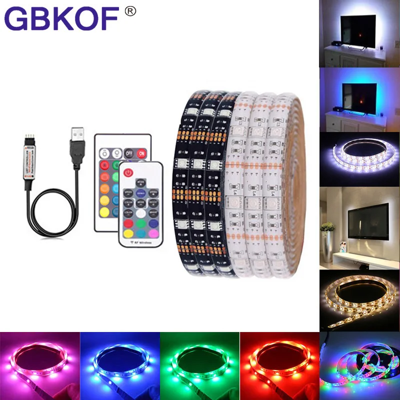 USB RGB Светодиодные ленты Водонепроницаемый 5V 5050 SMD RGB USB Светодиодные ленты светильник с регулируемой яркостью, лента светодиодный светильник 17key 44Key 24key 3key пульт дистанционного управления