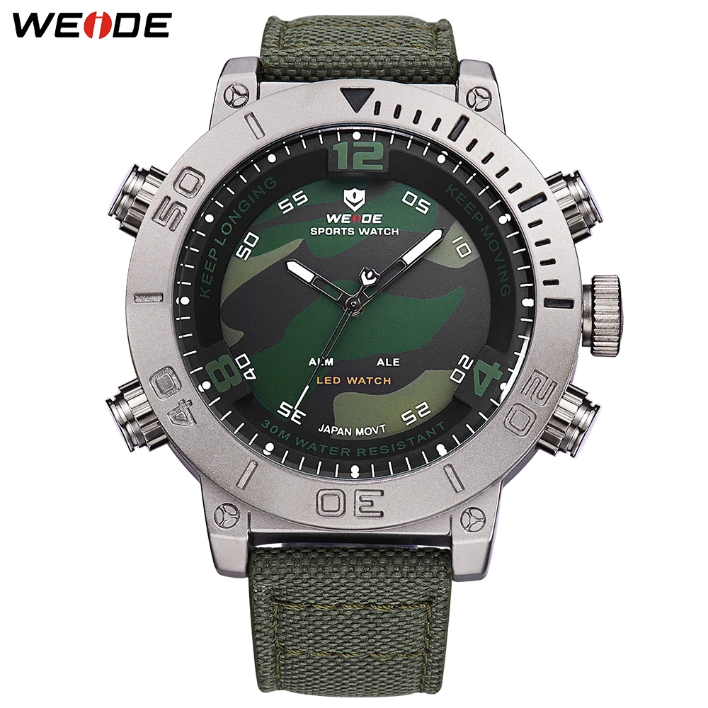 WEIDE Топы Роскошные Цифровые Армейские Электронные Часы Мужчин Задняя Подсветка Двойной Дисплей Камуфляж Будильник Нейлоновый Ремешок Светодиодный Дисплей Спортивные Наручные Мужские Водонепроницаемые Часы