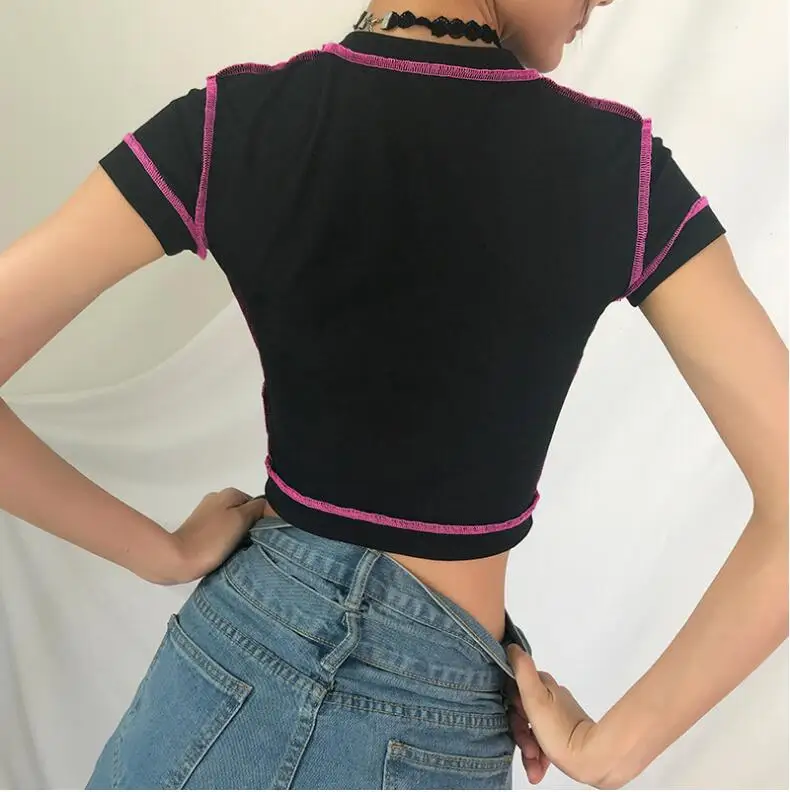 Harajuku Punk Ladies T Shirt Casual Short Sleeve Tee Women Basic Black Tshirts Cotton Button Summer | Женская одежда