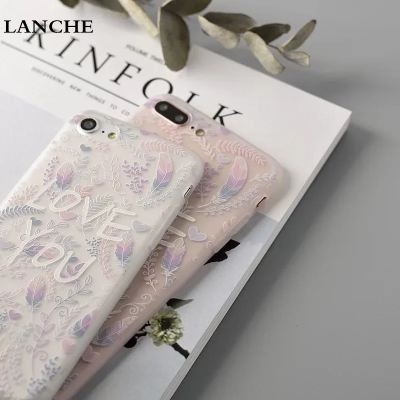 LANCHE Ultrathin TPU Phone Cases For iPhone 6 6S Plus 6Plus 7 7Plus Case Transparent Silicone Frosted Feather Flower Back Cover |