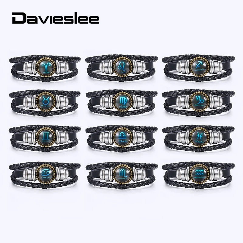 Davieslee 12 Кожаный браслет для мужчин, бронзовая нержавеющая сталь, рак, Зодиак, браслеты с подвесками, мужские ювелирные изделия, подарки LLBM138