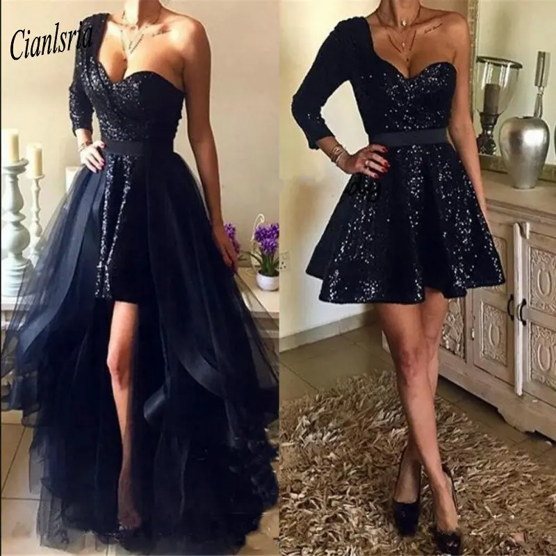 

Navy Blue Sequined One Shoulder Evening Dress With Detachable Train Three Quarter Sleeve Hi-Lo Formal Evening Party Dresses