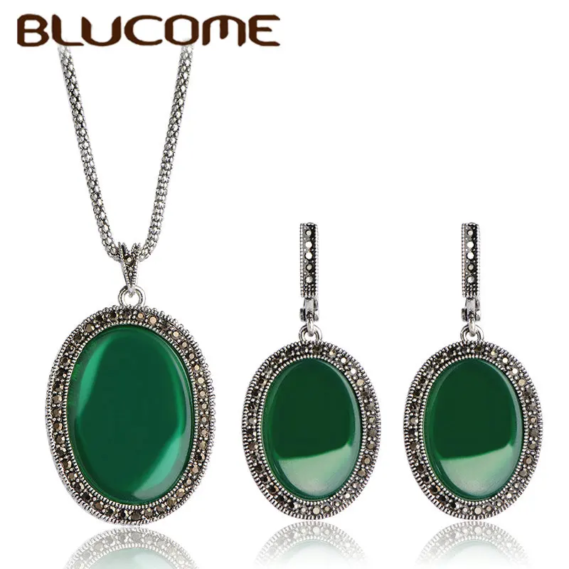 Женский комплект из колье и серёг Blucome красный Овального кулона смолы индейка