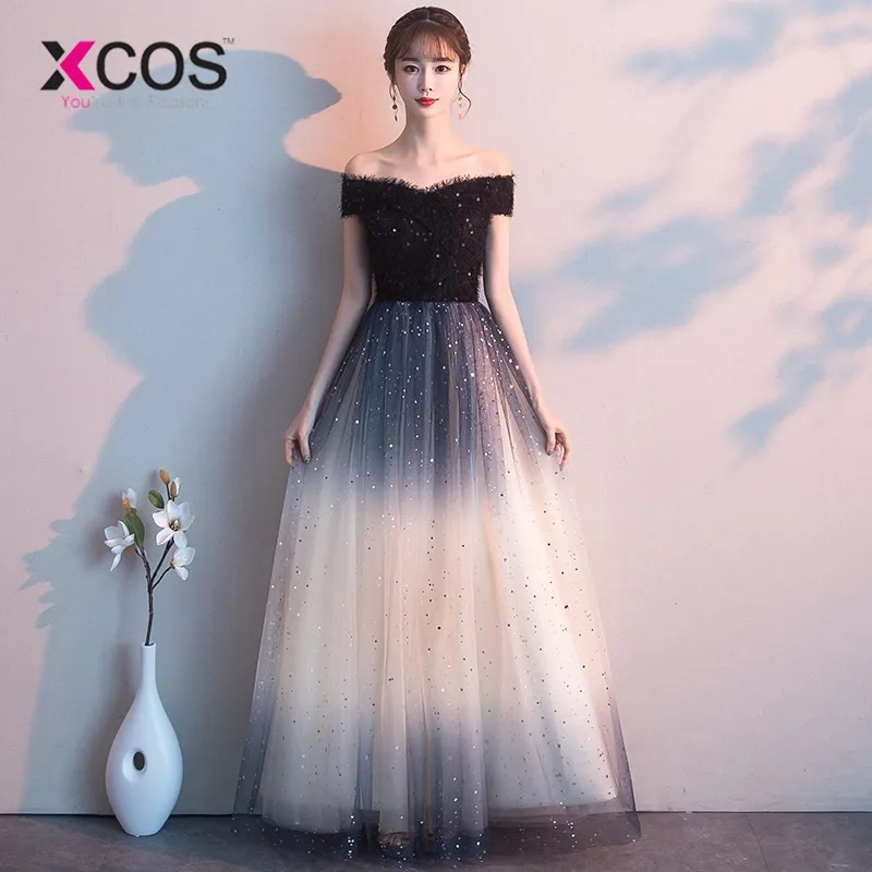 XCOS 2019 черные платья для выпускного вечера Длинные трапециевидные без рукавов с