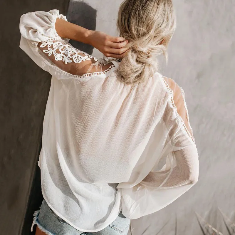 2019 Chiffon Women's V-Neck Casual Lace Mesh Stitching long sleeve blouses with Lanern Sleeve | Женская одежда