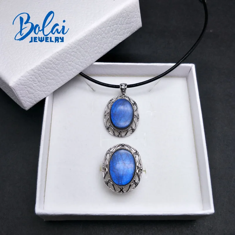 Bolaijewelry, продукт Ретро стиль кулон натуральный лабрадорит кулон и кольцо 925 Серебряный кулон ожерелье как женщина лучший подарок