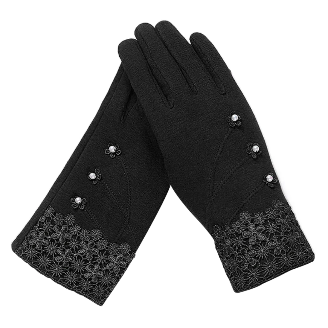 Winter Women Warm Gloves Lace Floral Cashmere Bow Full Finger Mittens Wrist Guantes Lady Hand Protector Accessories | Аксессуары для