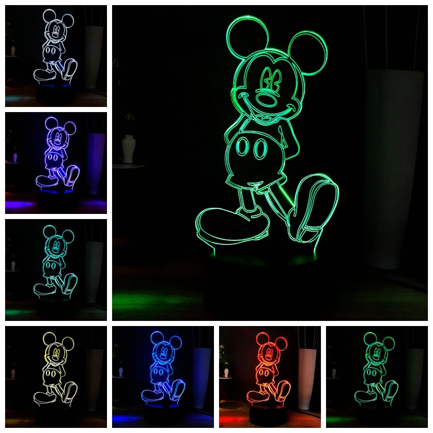 Kawaii 3D визуальная прикроватная лампа мультфильм стежка Eeyore Русалка Микки Маус светодиодный ночник USB Touch разноцветные лампы детский подарок